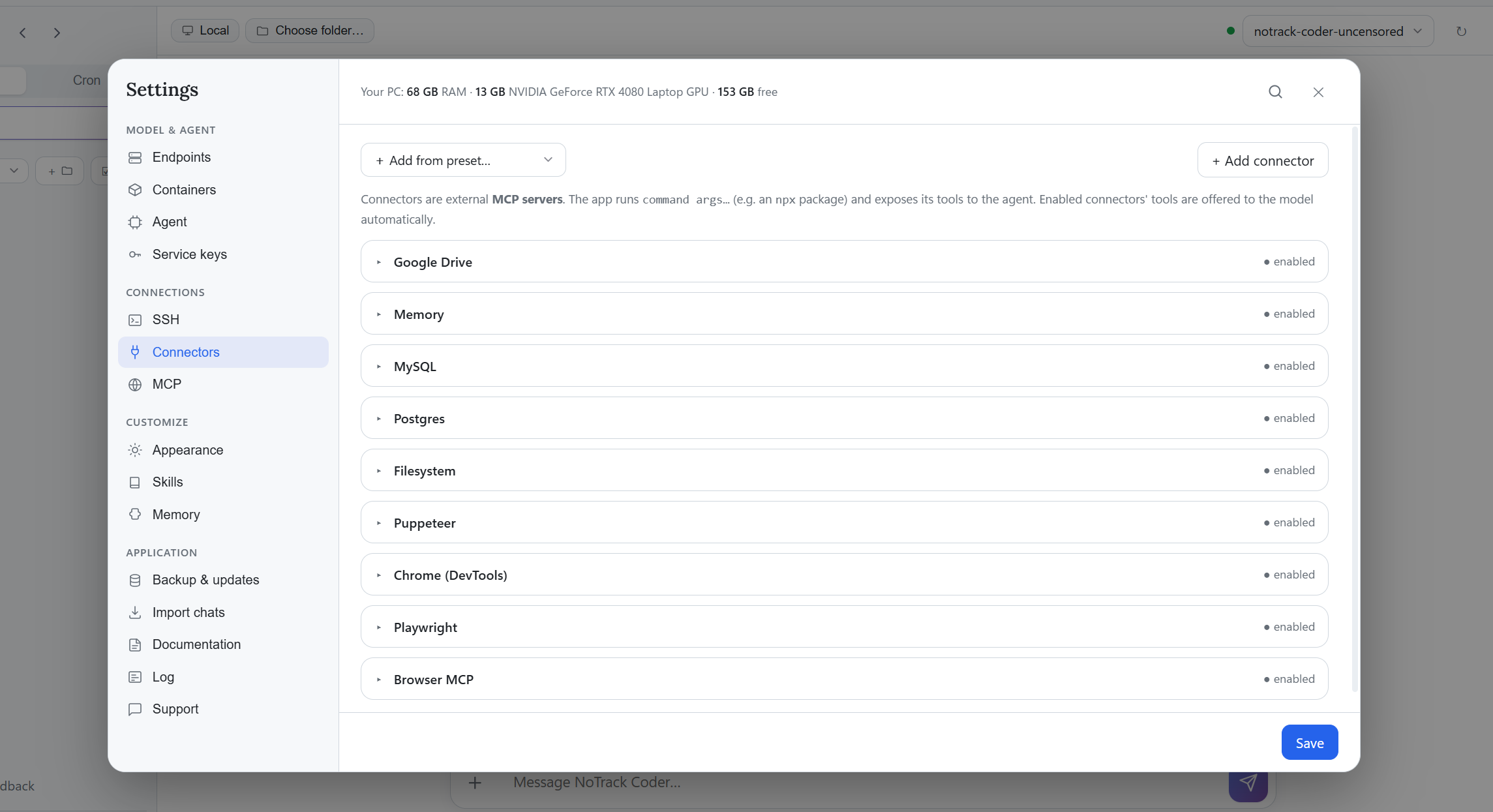 Shared reference preview of connection settings; available connectors depend on the final application and setup.